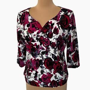 Ruby Rd Top Womens Petite Large Cotton Floral Pink White Stretch Edgy Abstract